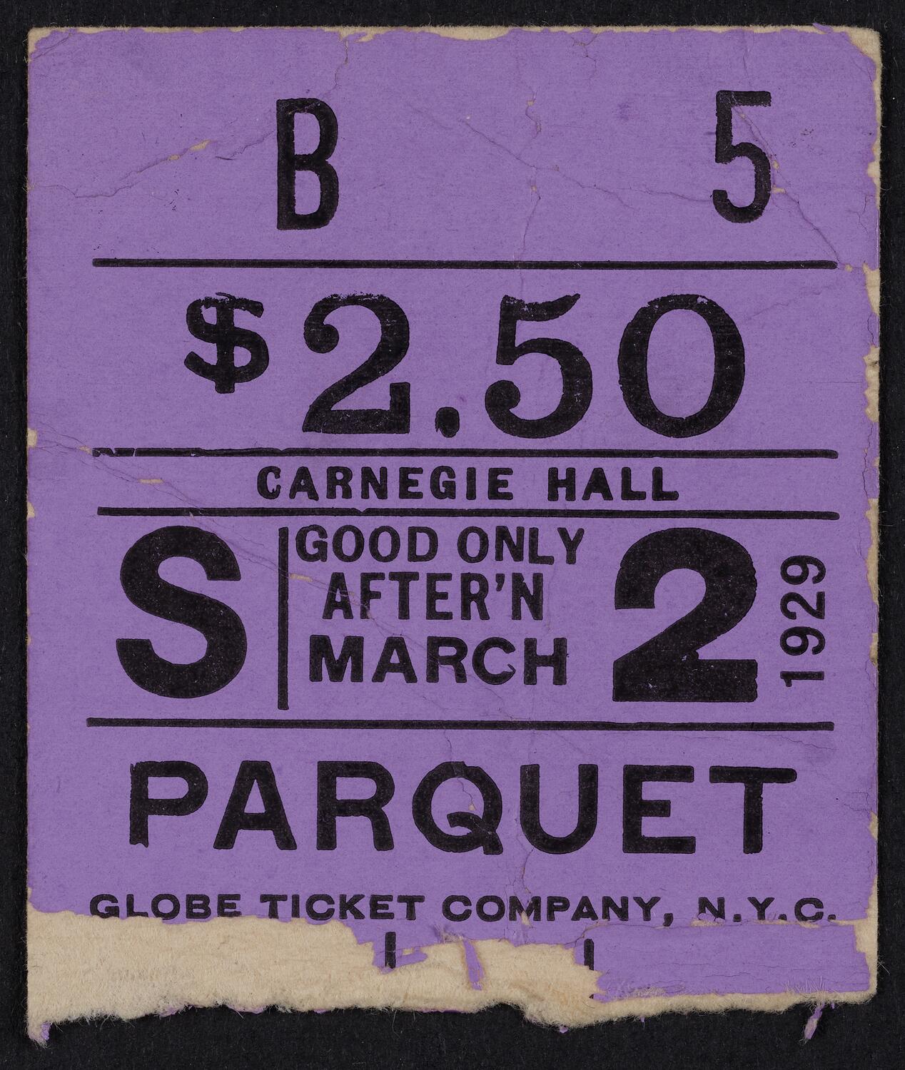 Ticket for Jascha Heifetz, March 2, 1929 (front)