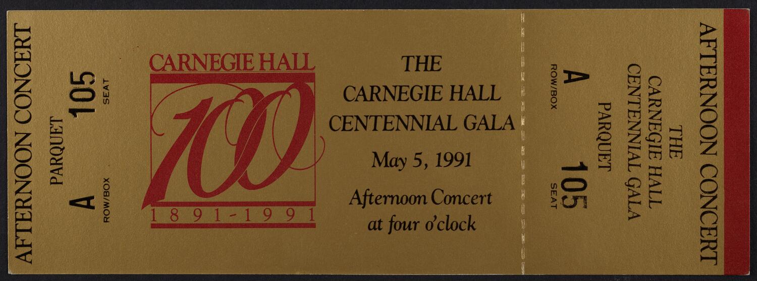 Ticket for Carnegie Hall Centennial Gala, May 5, 1991 (front)