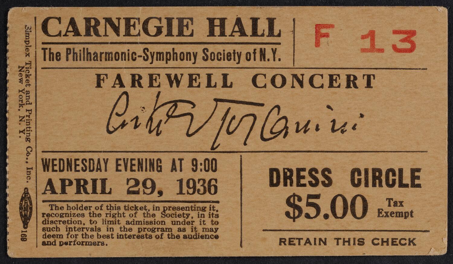 Ticket for Farewell Concert of Toscanini, April 29, 1936 (front)