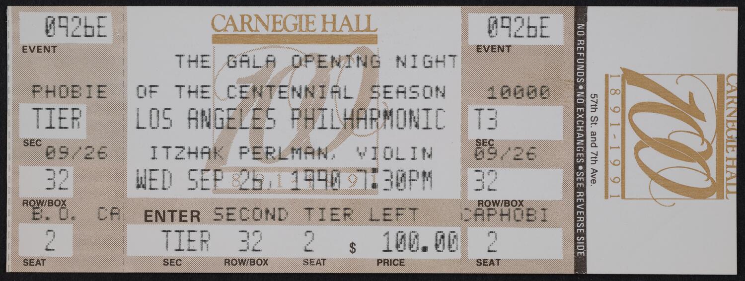 Ticket for the Gala Opening Night of the Centennial Season: Los Angeles Philharmonic, September 26, 1990 (front)
