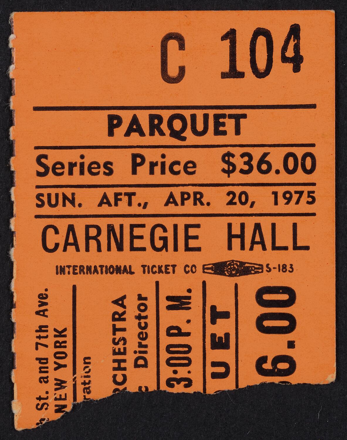 Ticket for American Symphony Orchestra, April 20, 1975 (front)