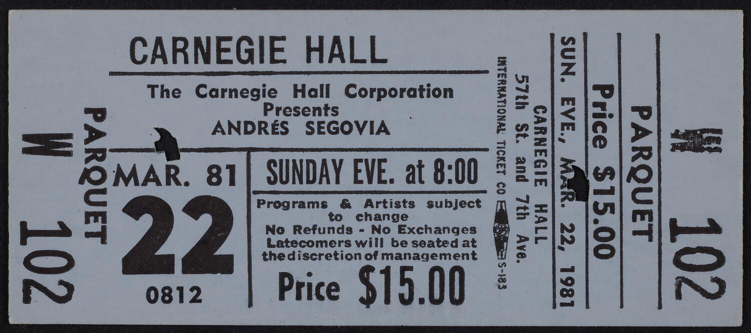 Ticket for Andrés Segovia, March 22, 1981 (front)