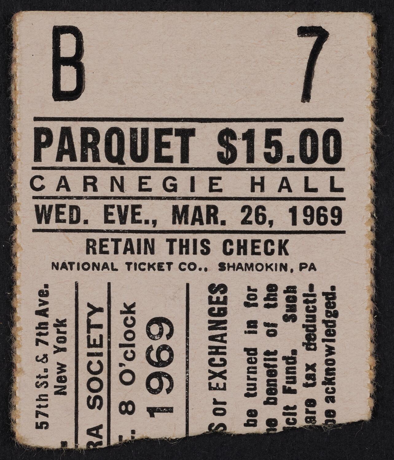 Ticket for American Opera Society, March 26, 1969 (front)