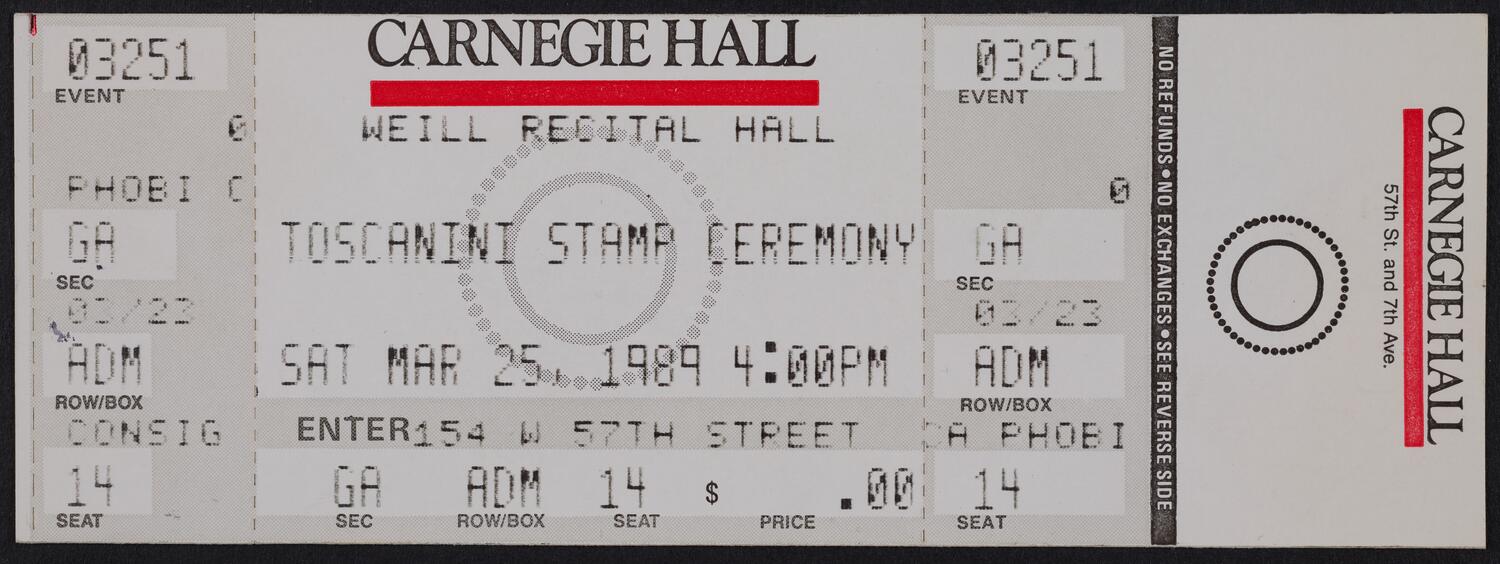 Ticket for Toscanini Stamp Ceremony, March 25, 1989 (front)