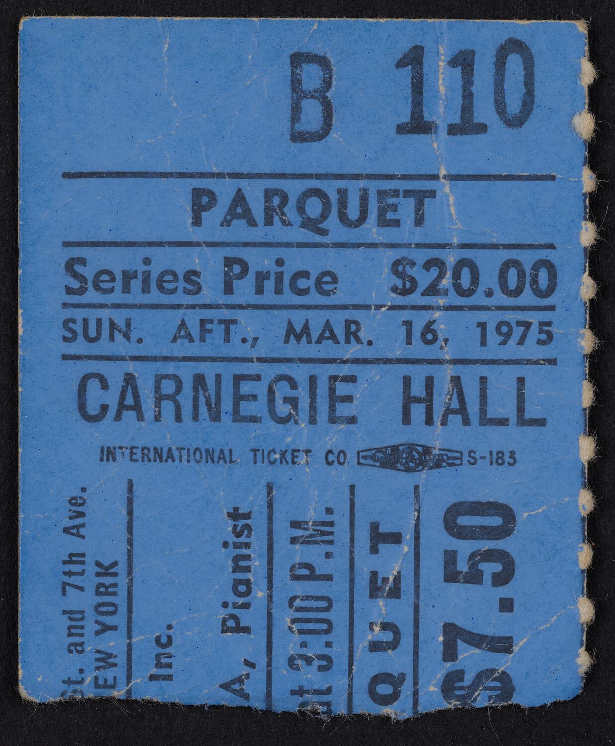 Ticket for Alicia de Larrocha, March 16, 1975 (front)