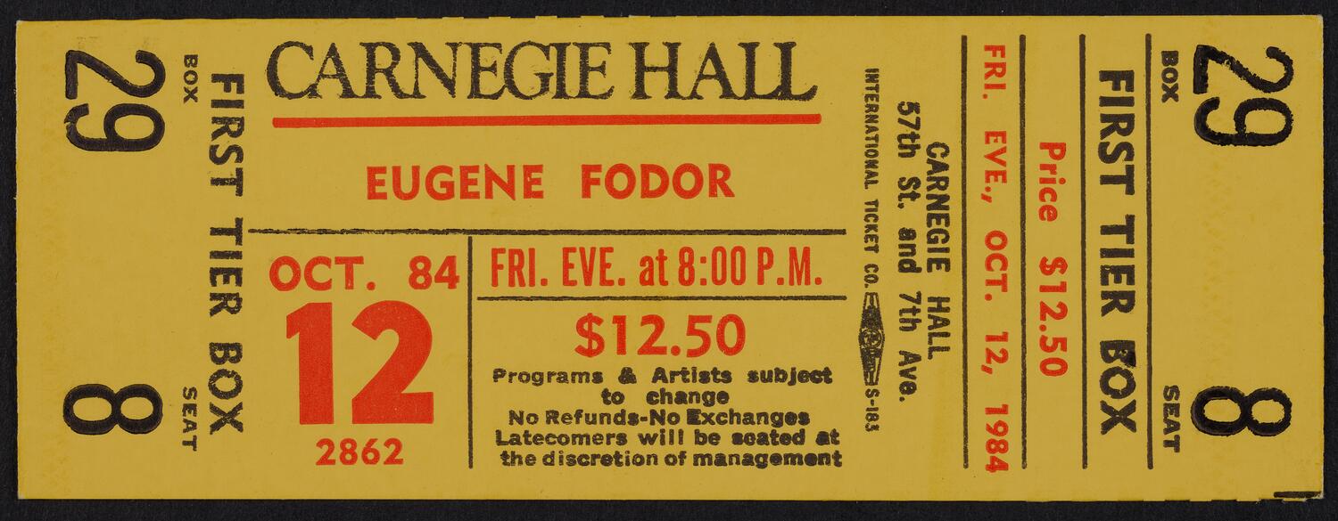 Ticket for Eugene Fodor, October 12, 1984 (front)