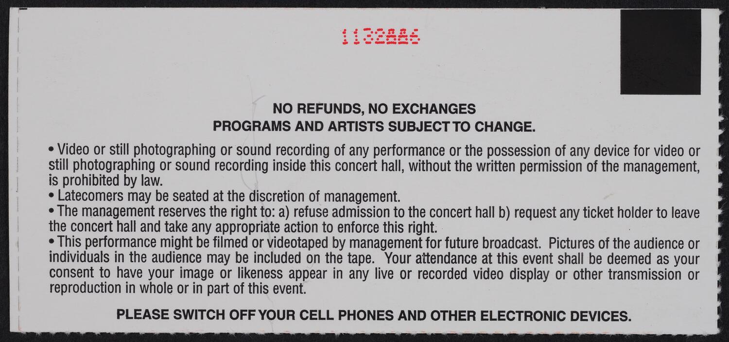 Ticket for Carnegie Hall's 113th Opening Night: Kirov Orchestra, October 1, 2003 (back)