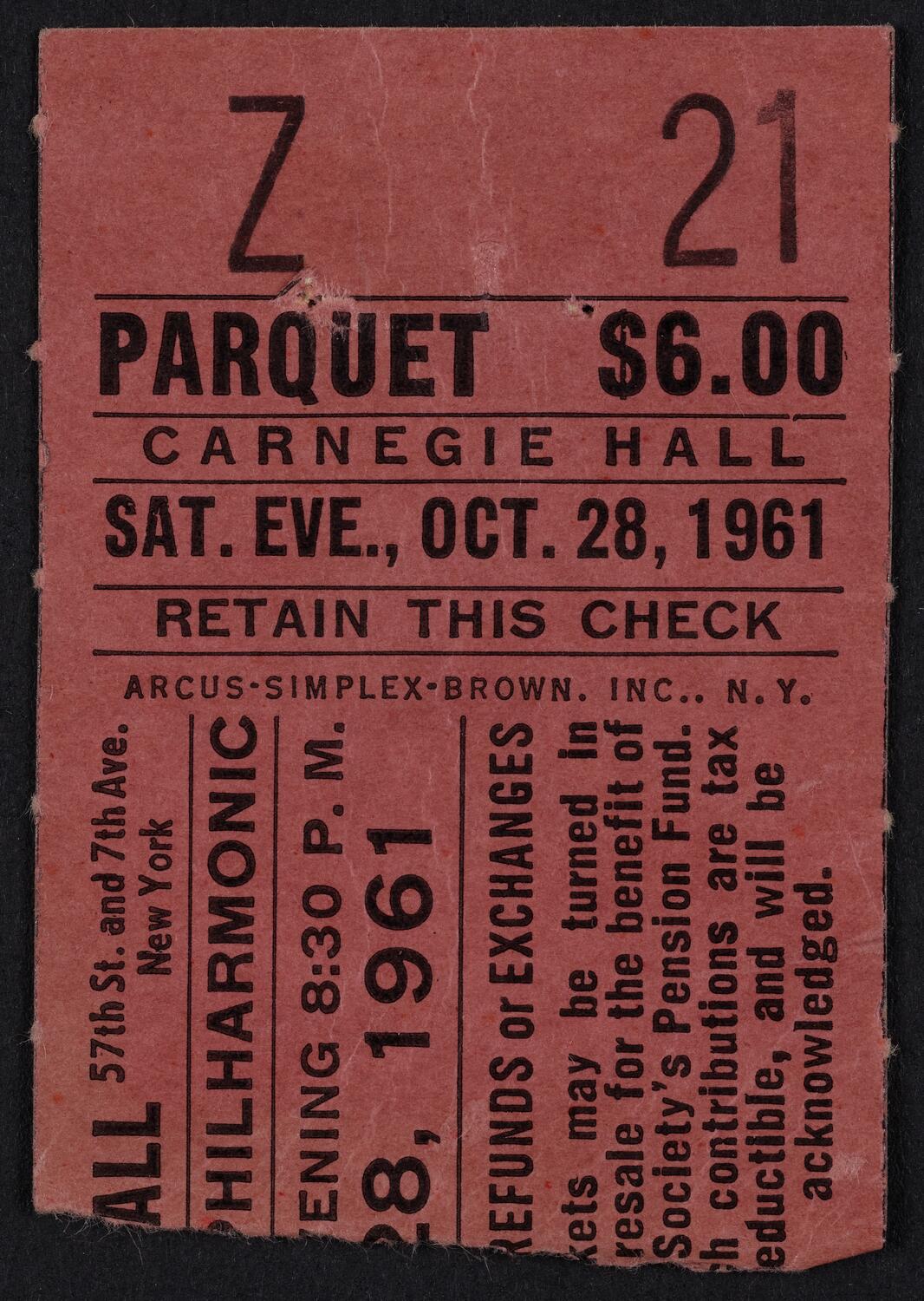 Ticket for New York Philharmonic, October 28, 1961 (front)