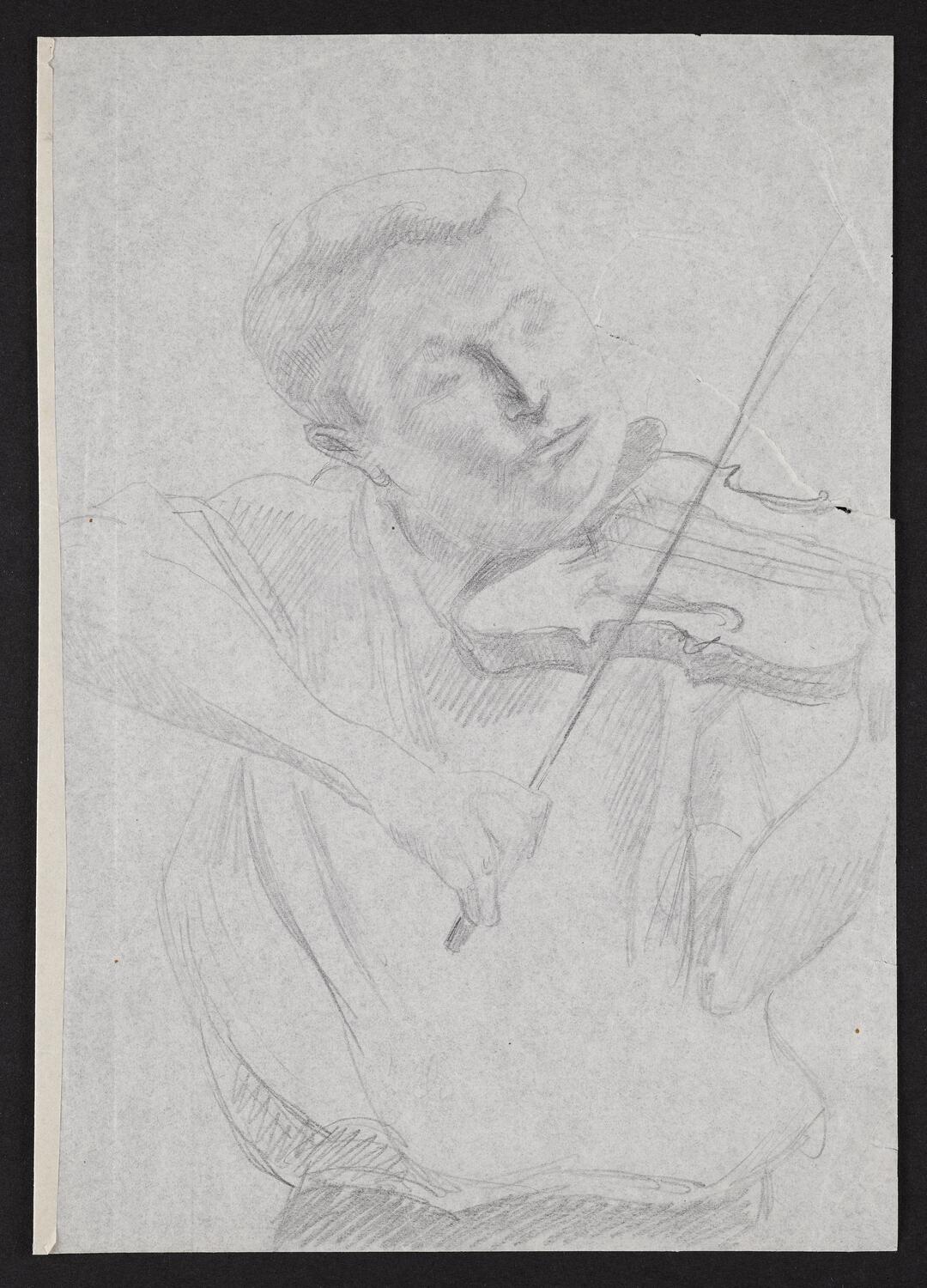 Sketch of Yehudi Menuhin facing the viewer playing the violin