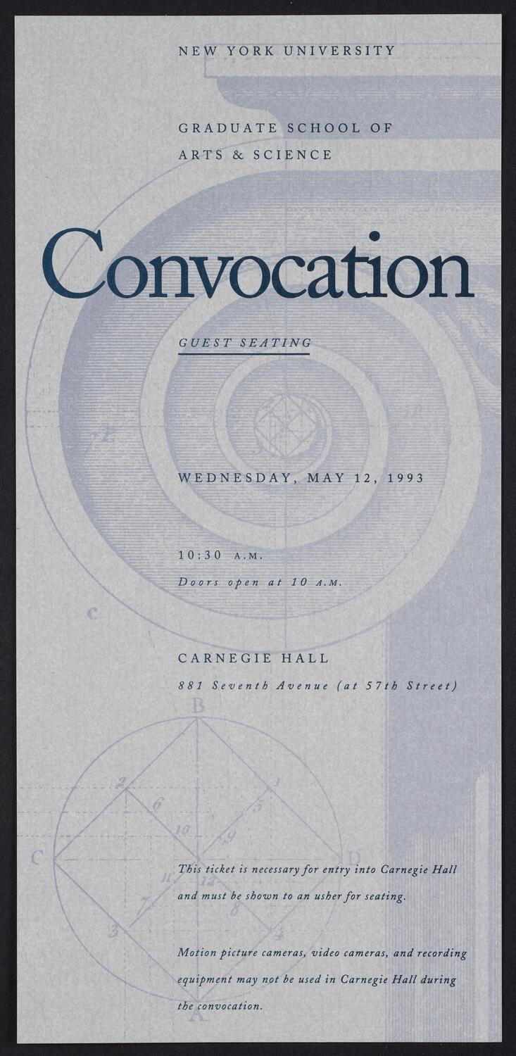 Ticket for New York University Graduate School of Arts & Sciences Convocation, May 12, 1993 (front)
