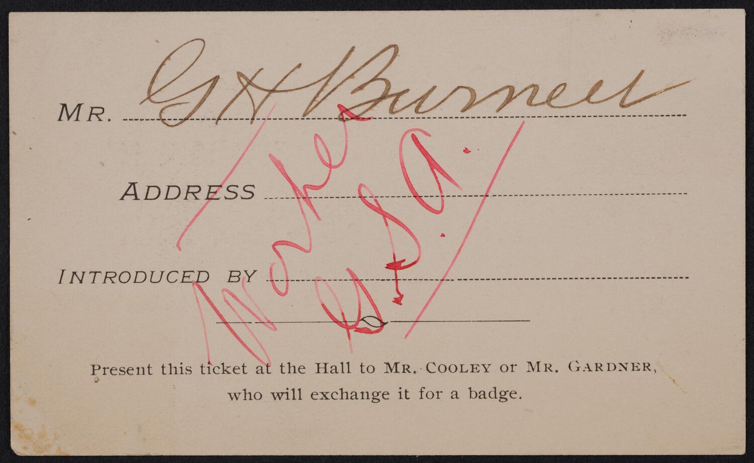 Ticket for Moody Meetings, January 9-16, 1898 (back)