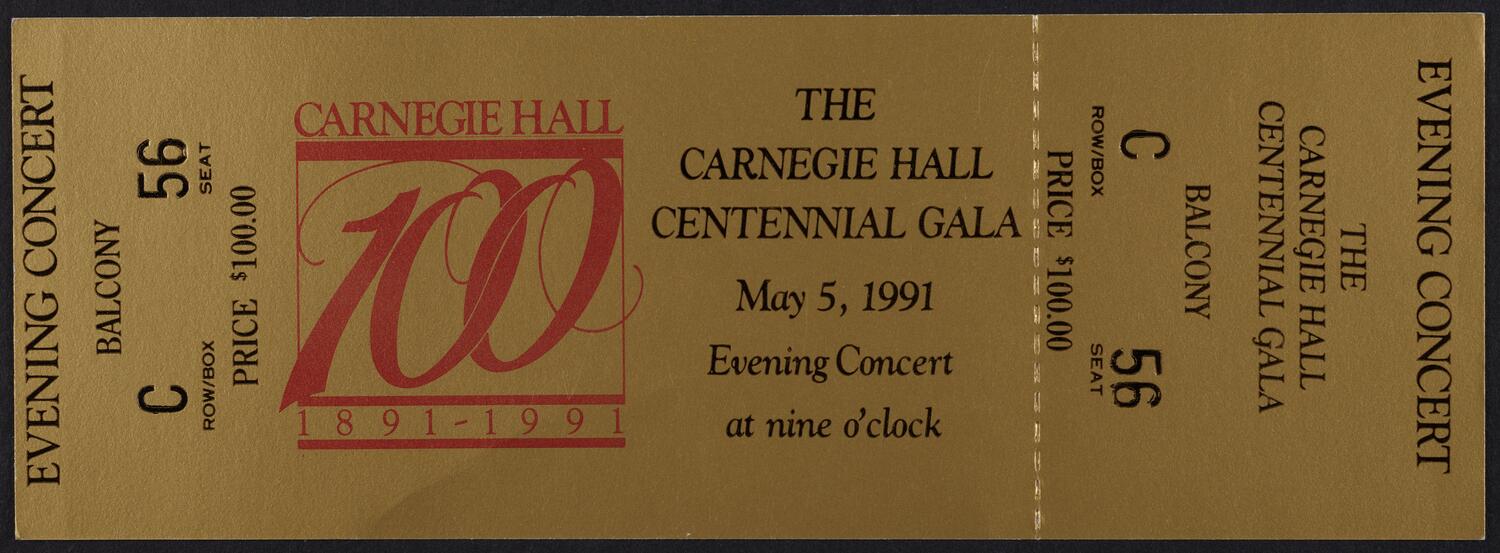 Ticket for the Carnegie Hall Centennial Gala, May 5, 1991 (front)