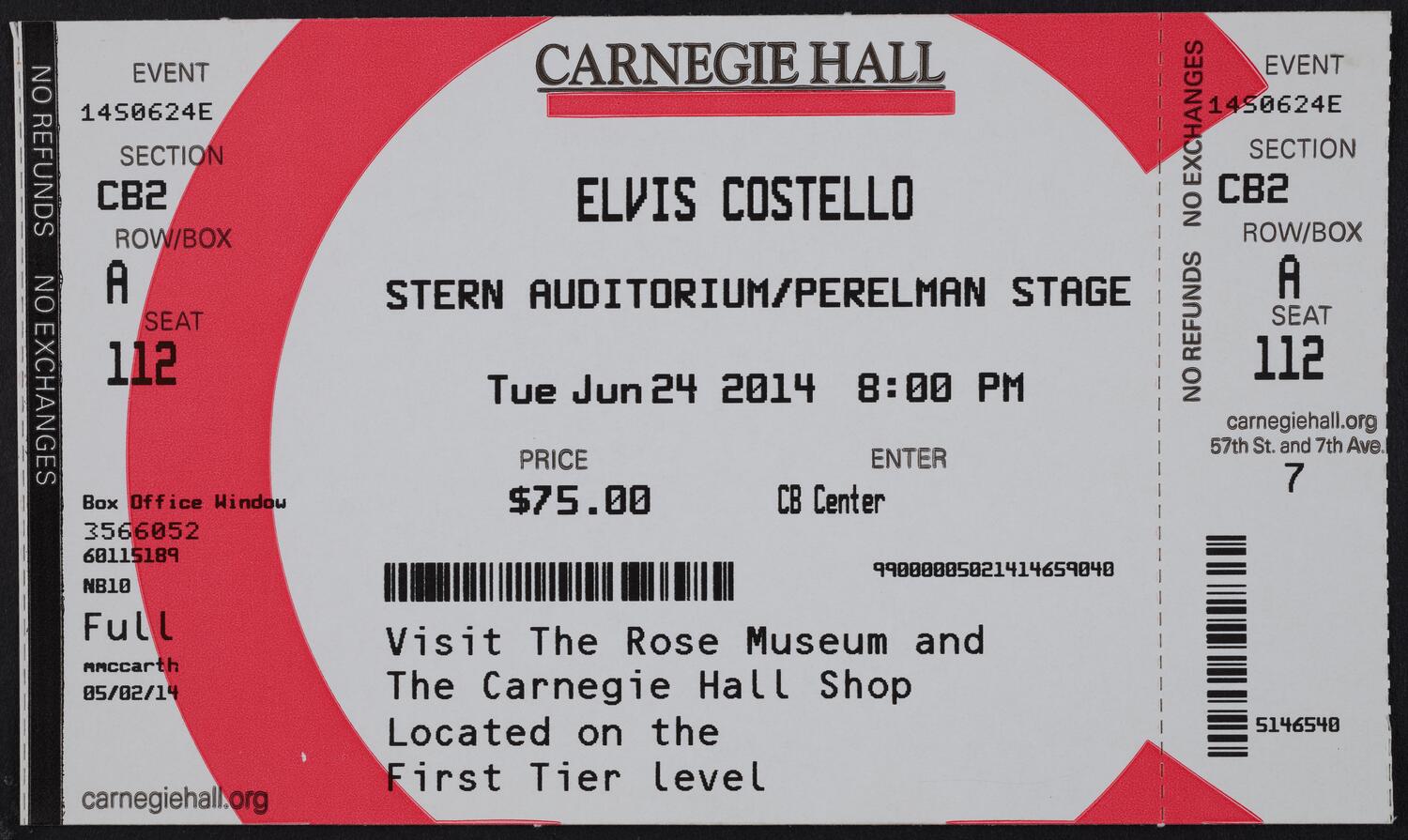 Ticket for Elvis Costello, June 24, 2014 (front)