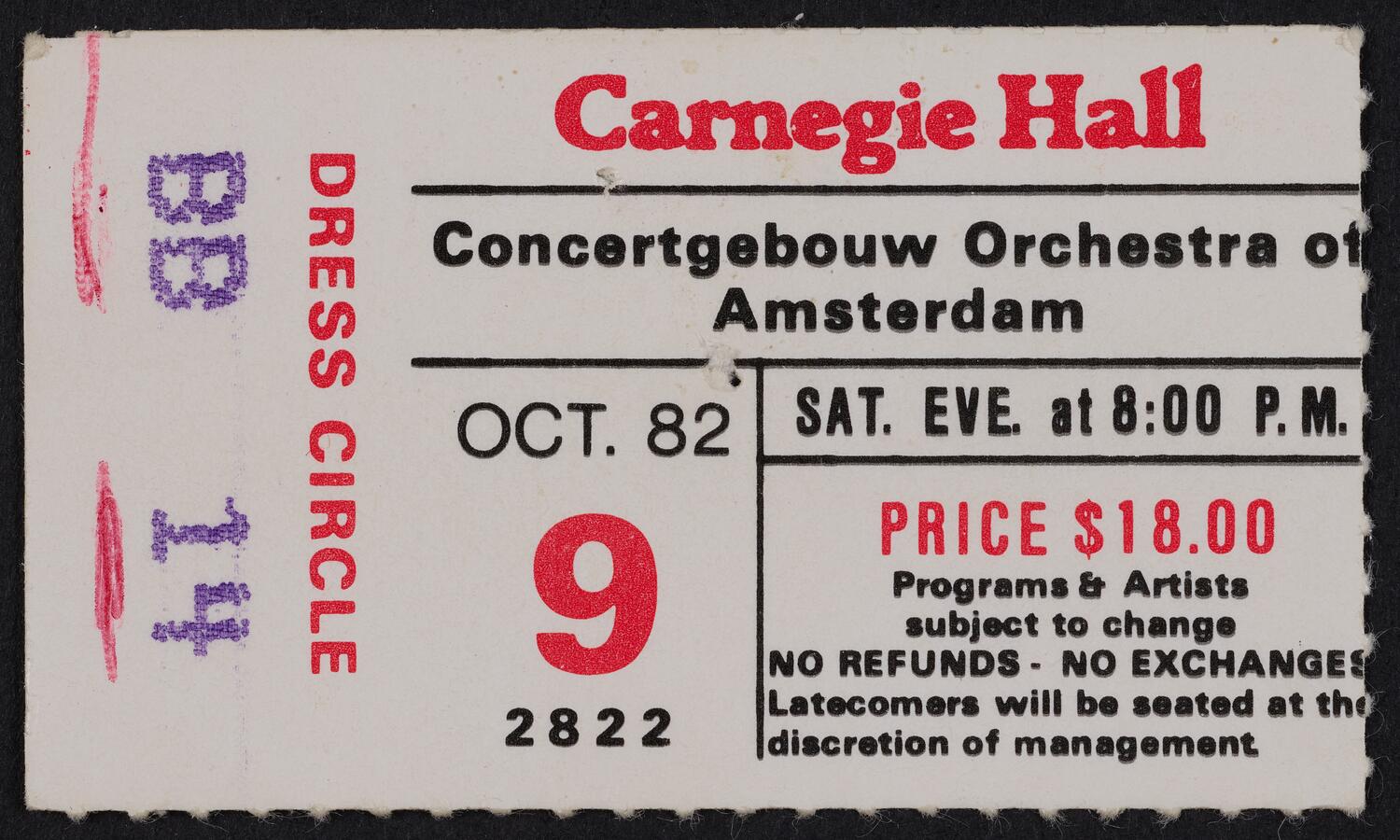 Ticket for Concertgebouw Orchestra of Amsterdam, October 9, 1982 (front)