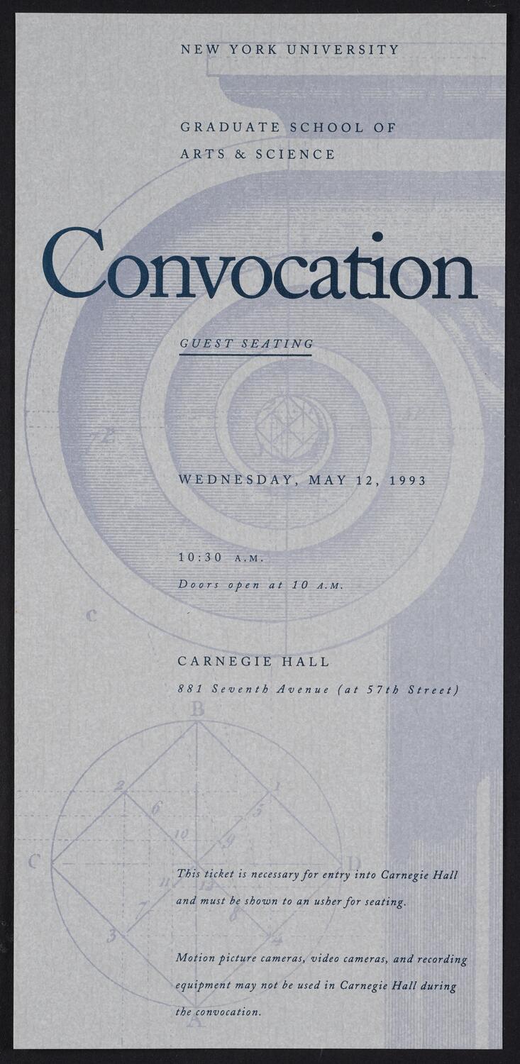 Ticket for New York University Graduate School of Arts & Sciences Convocation, May 12, 1993 (front)