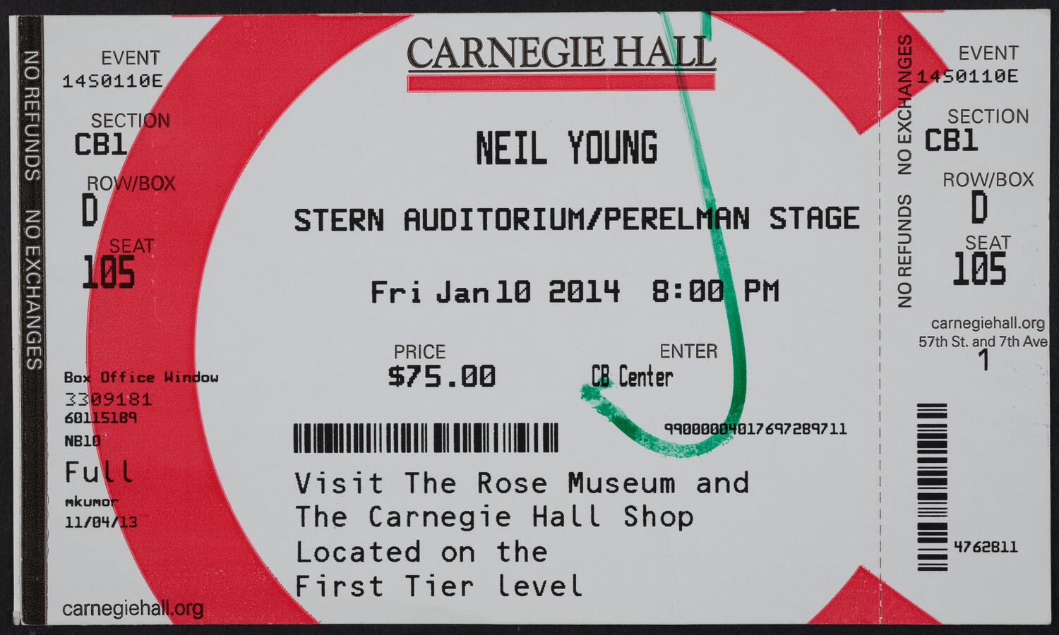 Ticket for Neil Young, January 10, 2014 (front)