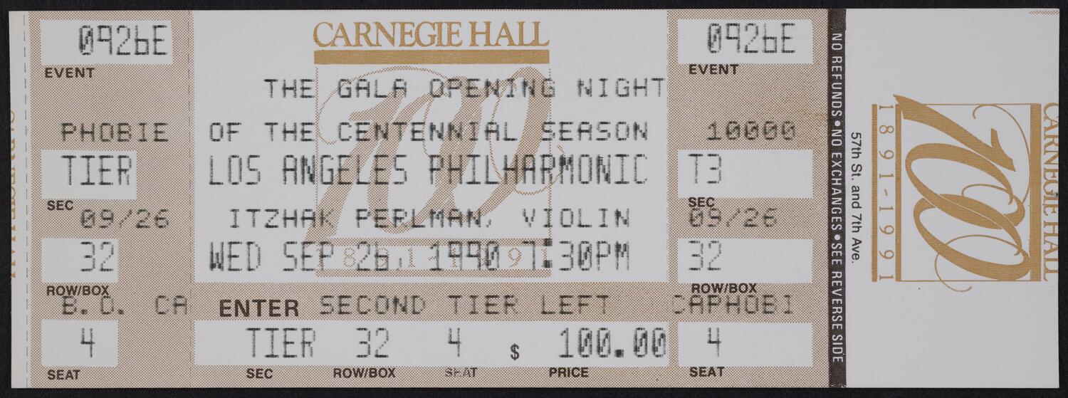 Ticket for the Gala Opening Night of the Centennial Season: Los Angeles Philharmonic, September 26, 1990 (front)