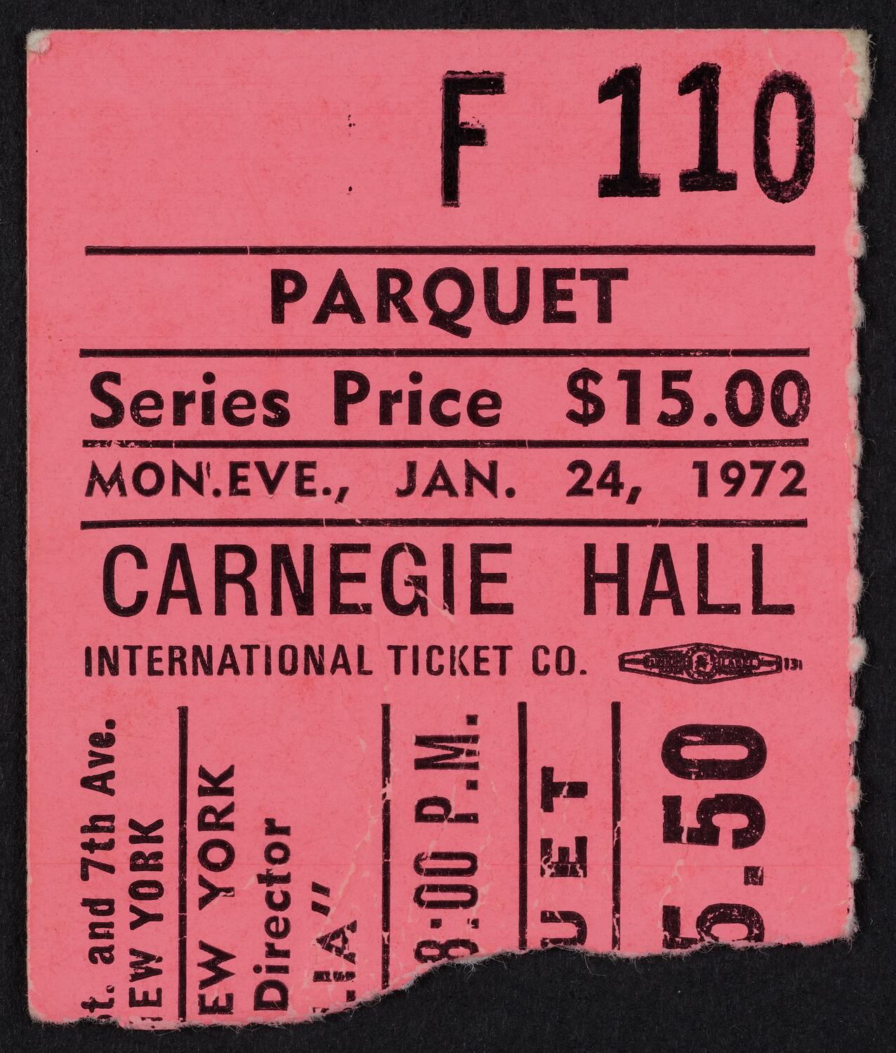 Ticket for Handel Society of New York, January 24, 1972 (front)
