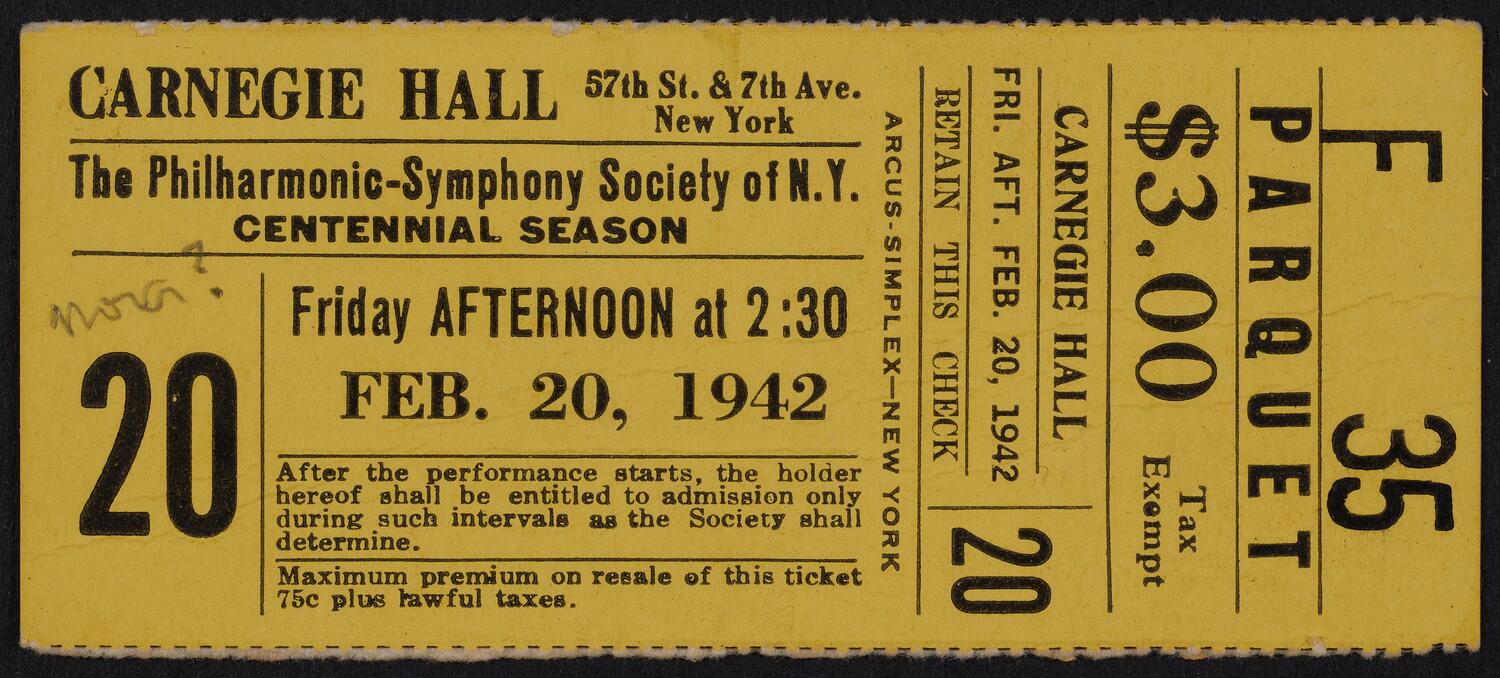 Ticket for the Philharmonic-Symphony Society of New York, February 20, 1942 (front)