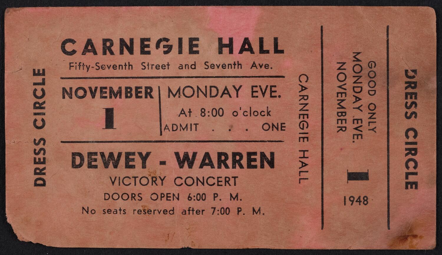 Ticket for Dewey-Warren Victory Concert, November 1, 1948 (front)