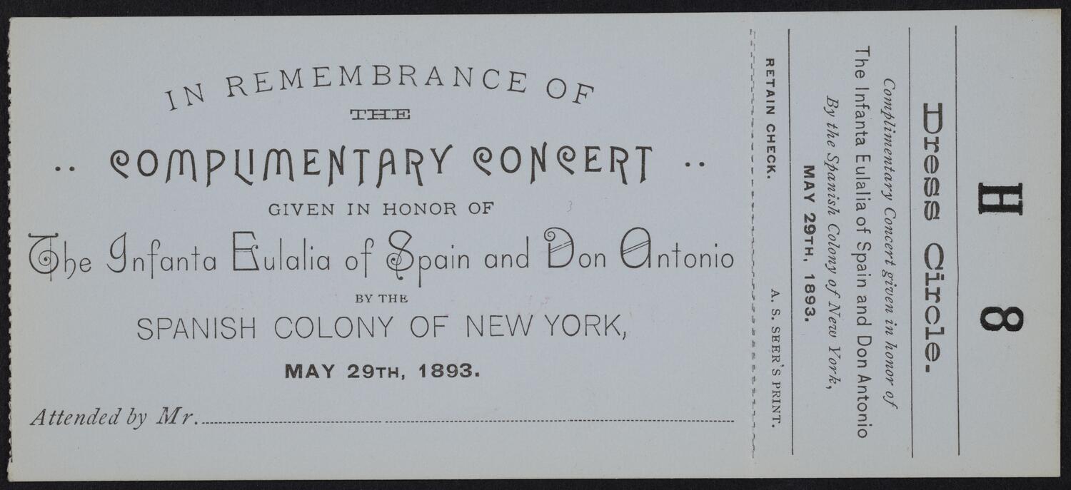 Ticket for Concert in Honor of the Infanta Eulalia of Spain and Don Antonio, May 29, 1893 (front)