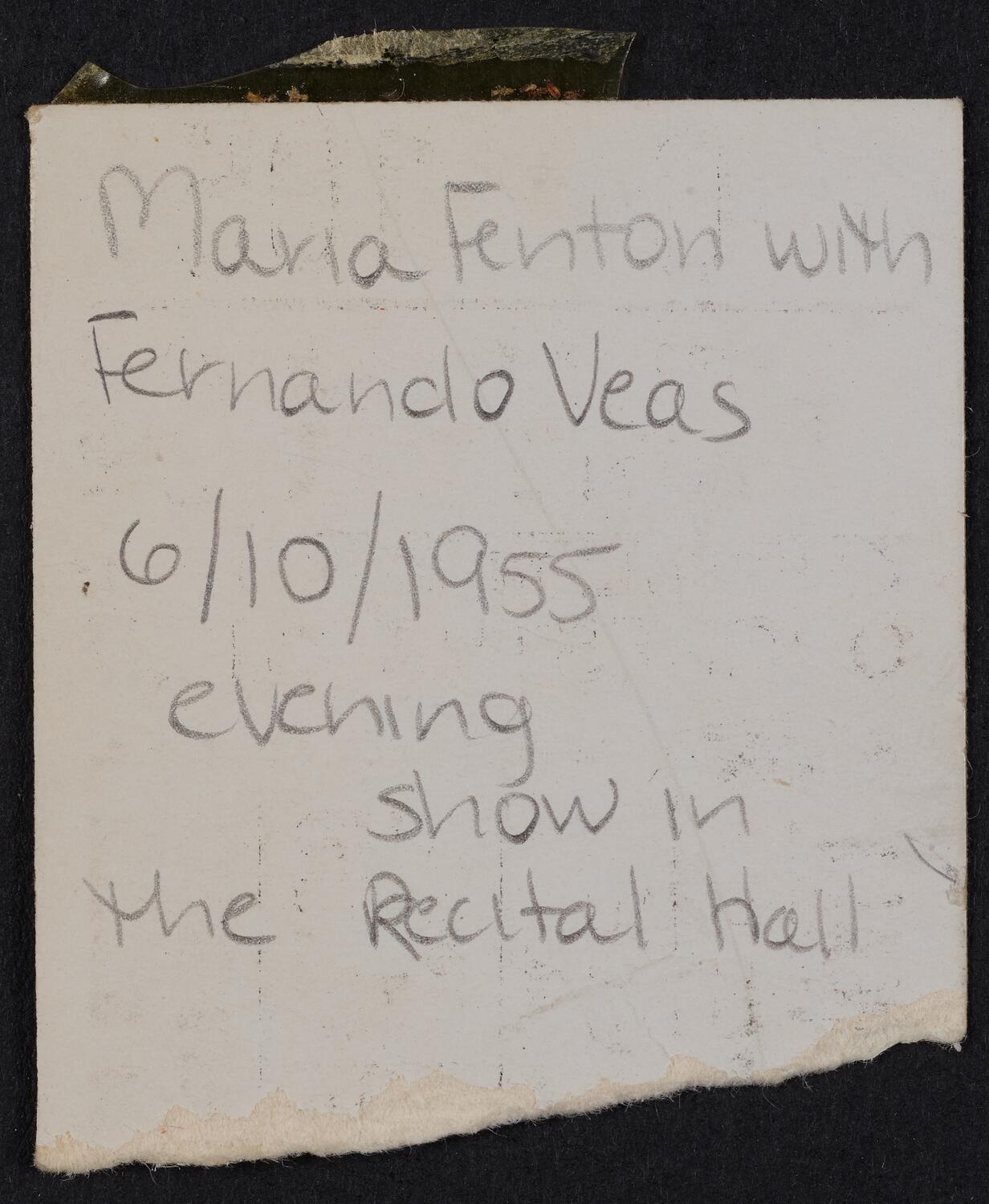 Ticket for Maria Fenton and Fernando Veas, June 10, 1955 (back)