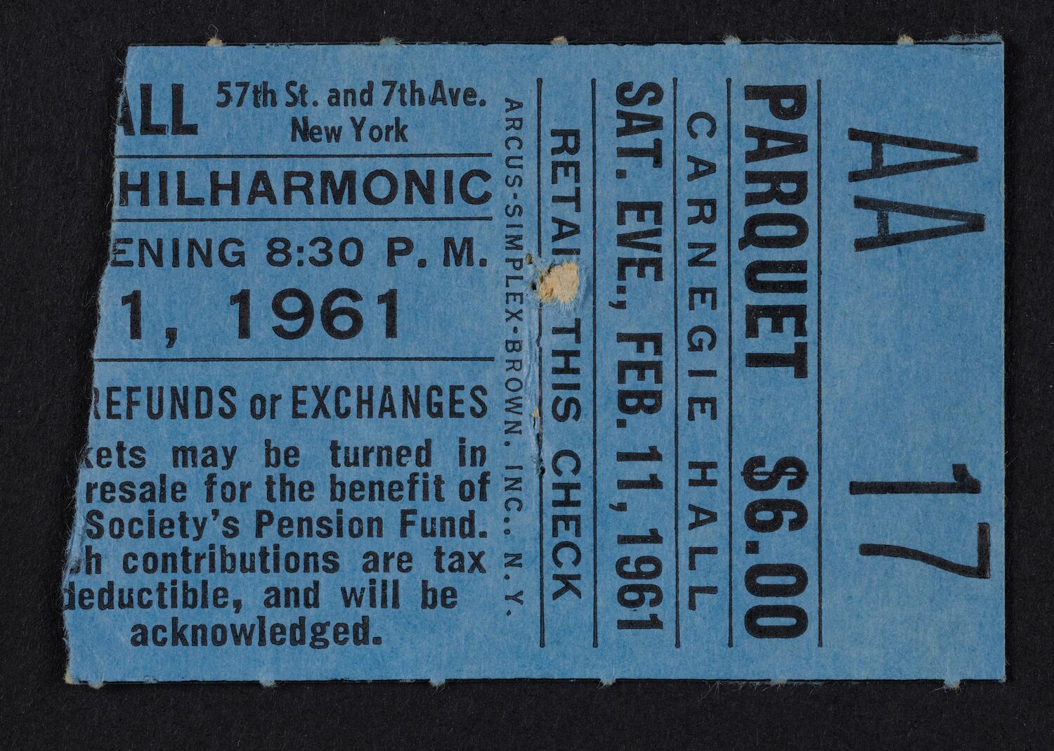 Ticket for New York Philharmonic, February 11, 1961 (front)