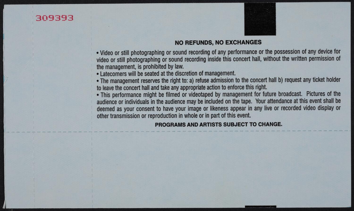 Ticket for Berlin Philharmonic Orchestra, October 3, 1996 (back)