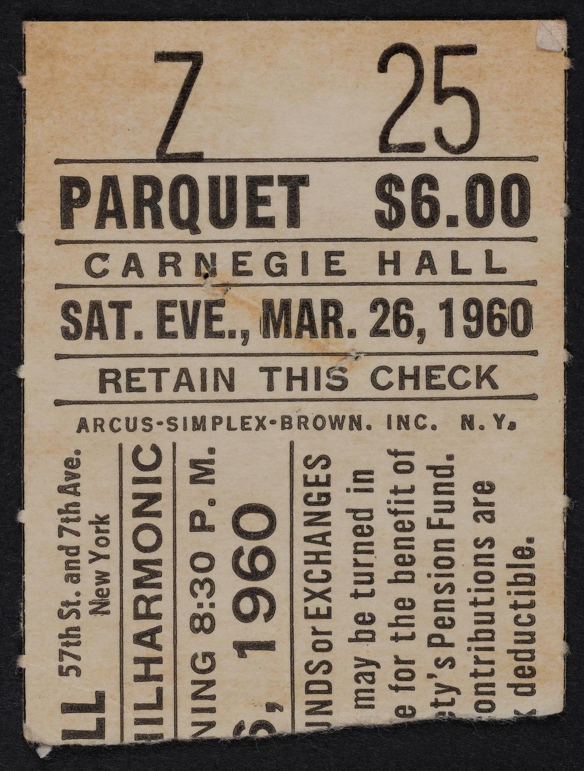 Ticket for New York Philharmonic, March 26, 1960 (front)