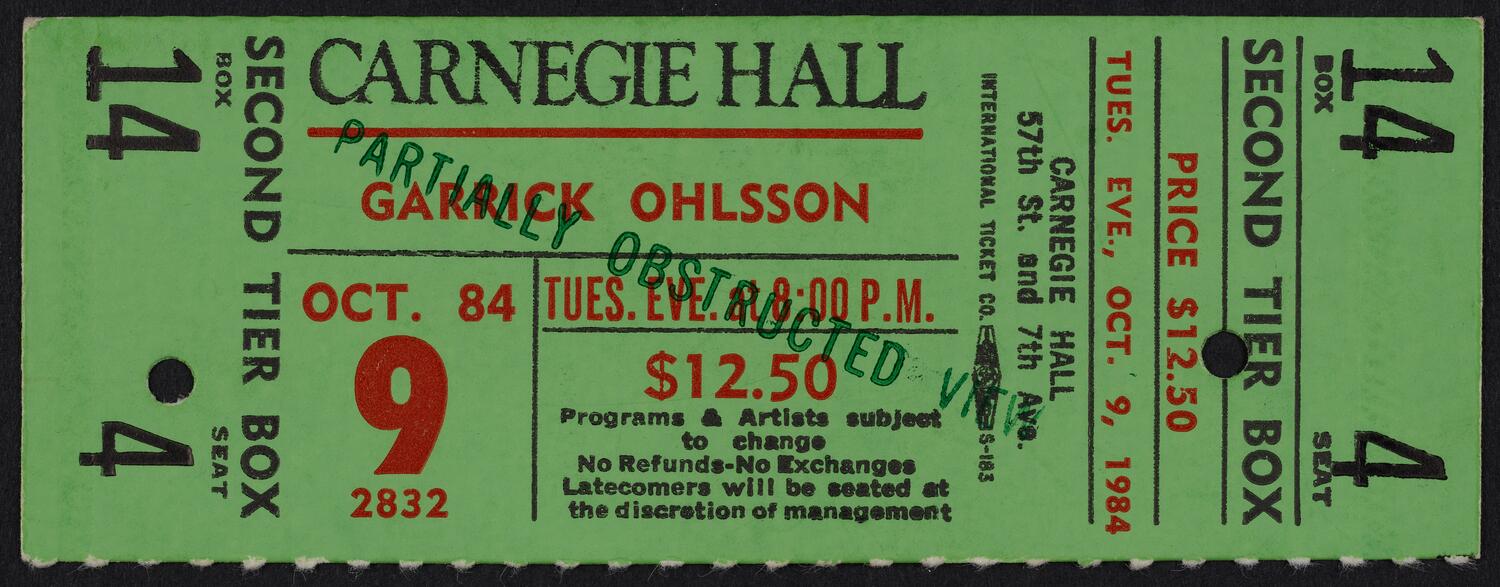 Ticket for Garrick Ohlsson, October 9, 1984 (front)