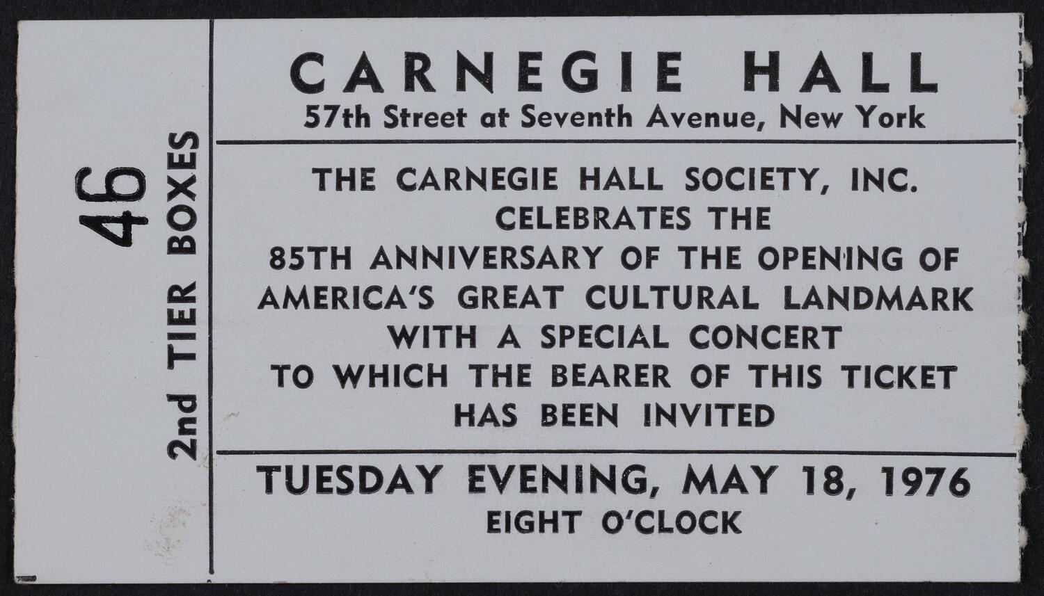 Ticket for Carnegie Hall's 85th Anniversary Concert, May 18, 1976 (front)