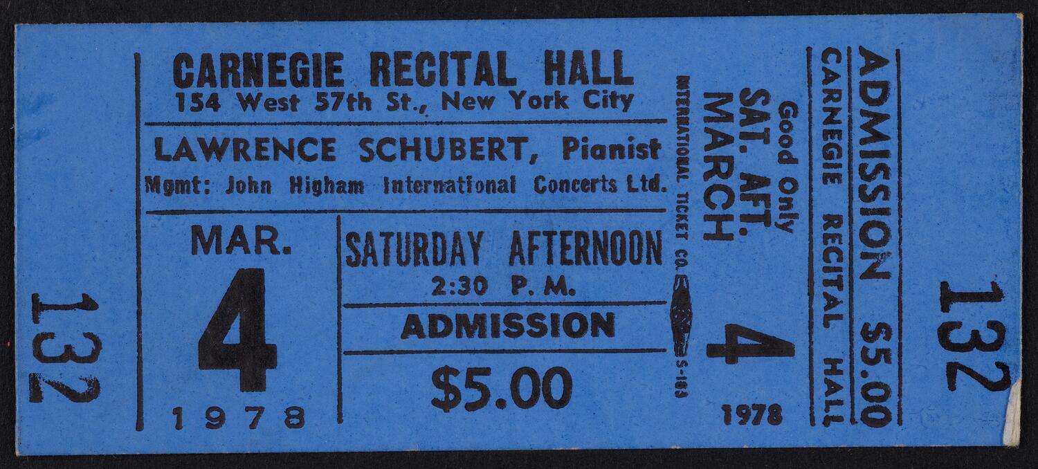 Ticket for Lawrence Schubert, March 4, 1978 (front)