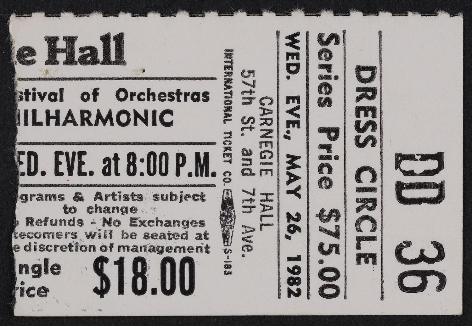 Ticket for Israel Philharmonic, May 26, 1982 (front)
