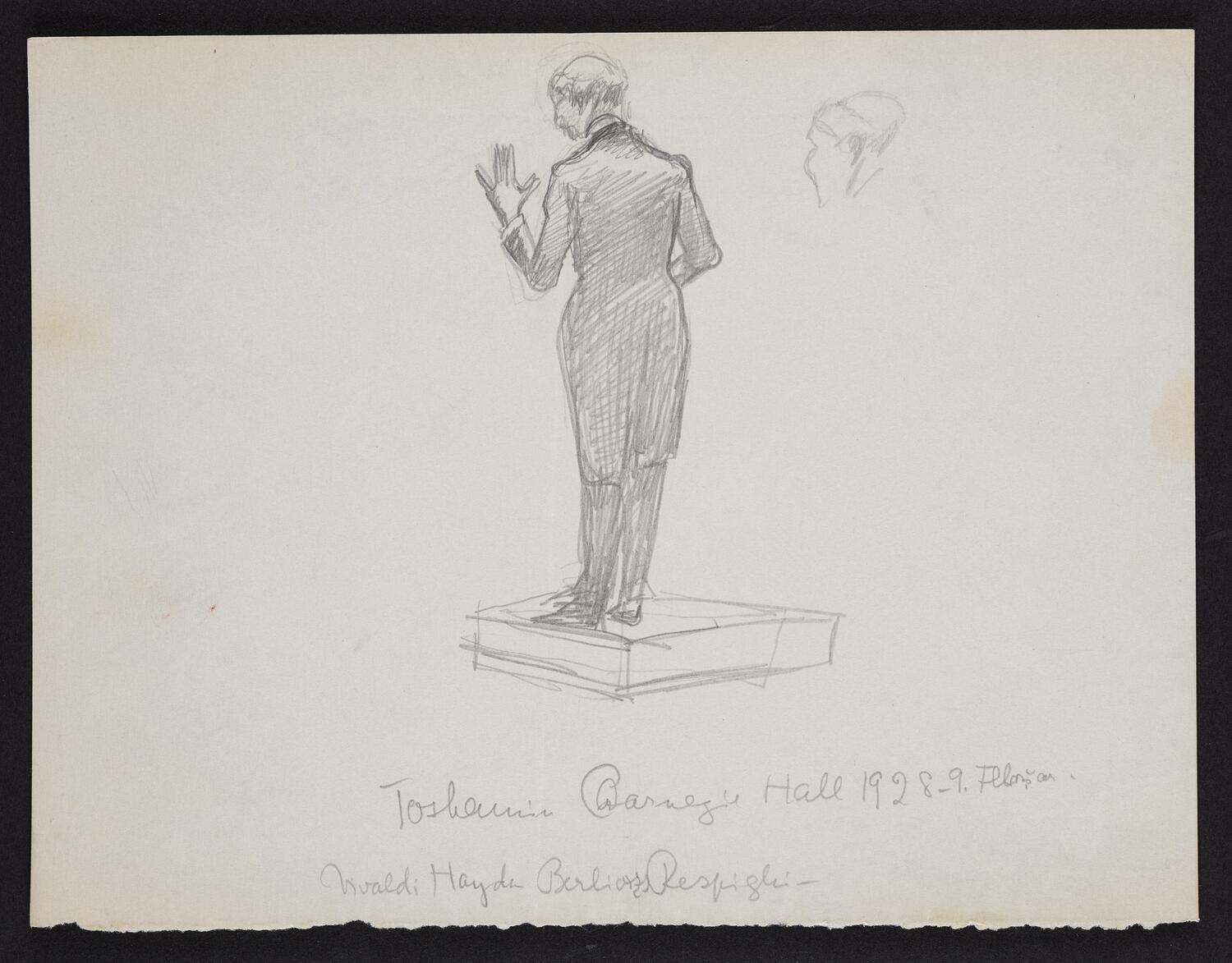 Sketch of Arturo Toscanini standing on podium, in profile facing left