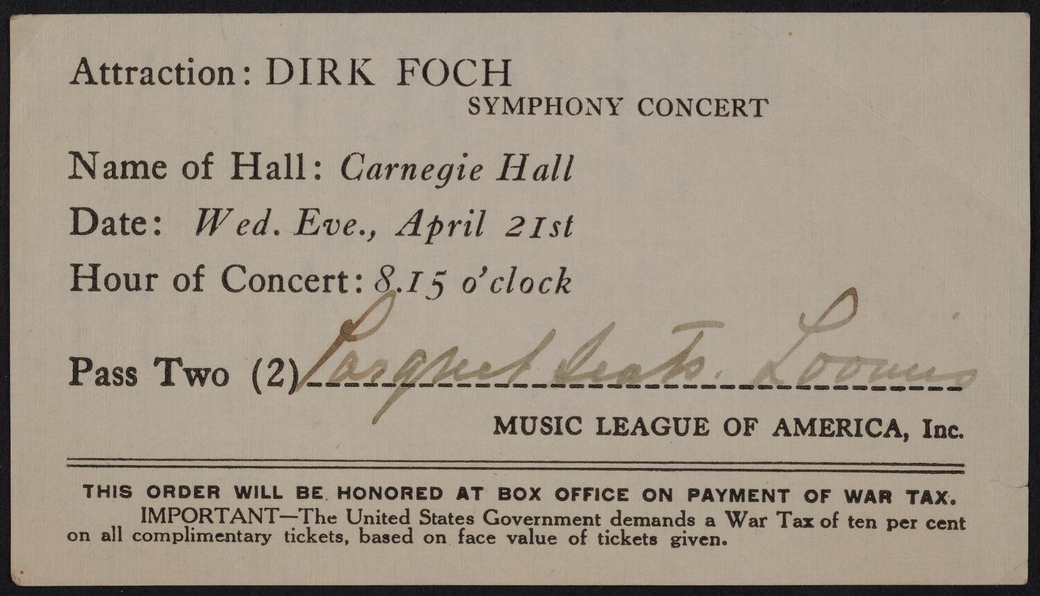 Ticket for Dirk Foch Symphony Concert, April 21, 1920 (front)
