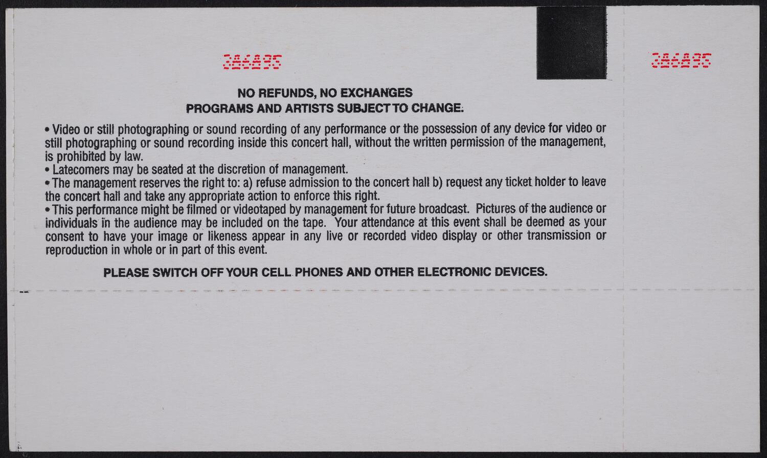 Ticket for An Evening with David Sedaris, October 22, 2002 (back)