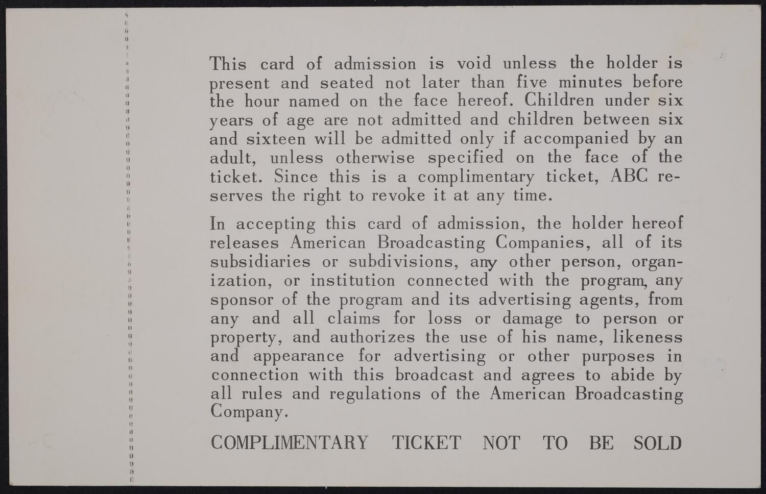 Ticket to The Jimmy Dean Show at Carnegie Hall, November 18, 1965 (back)