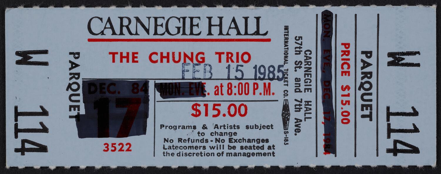 Ticket for the Chung Trio, February 15, 1985 (front)