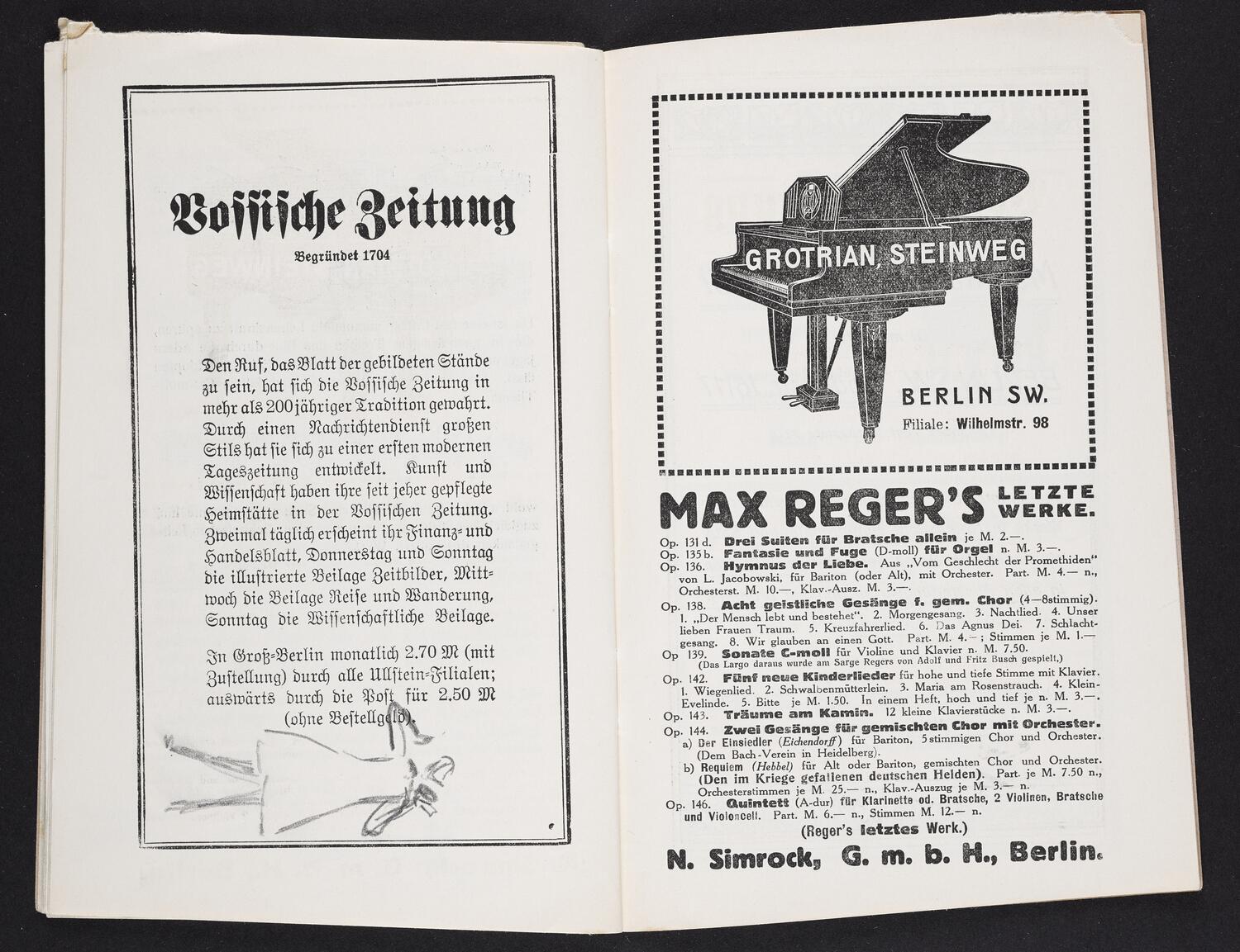 Sketches on concert program pages possibly of Richard Strauss with Königliches Kapelle