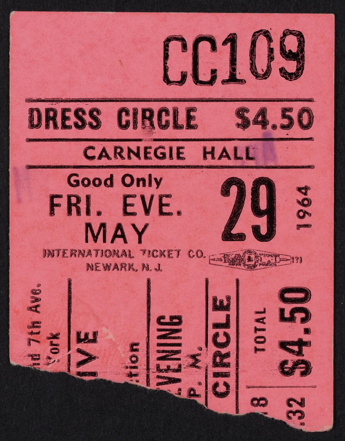 Ticket for The Dave Clark Five, May 29, 1964 (front)