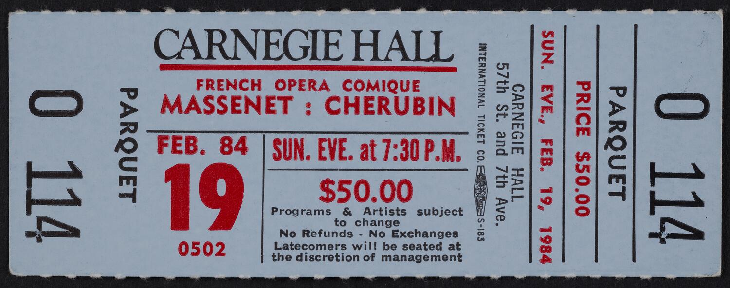 Ticket for French Opera Comique: Massenet's Cherubin, February 19, 1984 (front)