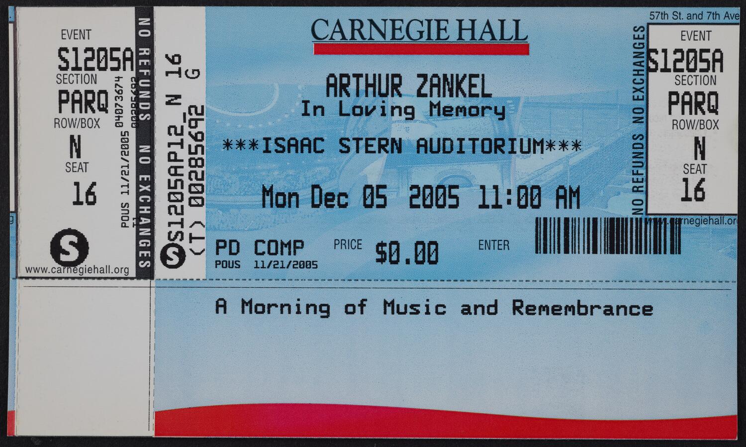 Ticket for Arthur Zankel: In Loving Memory, December 5, 2005 (front)