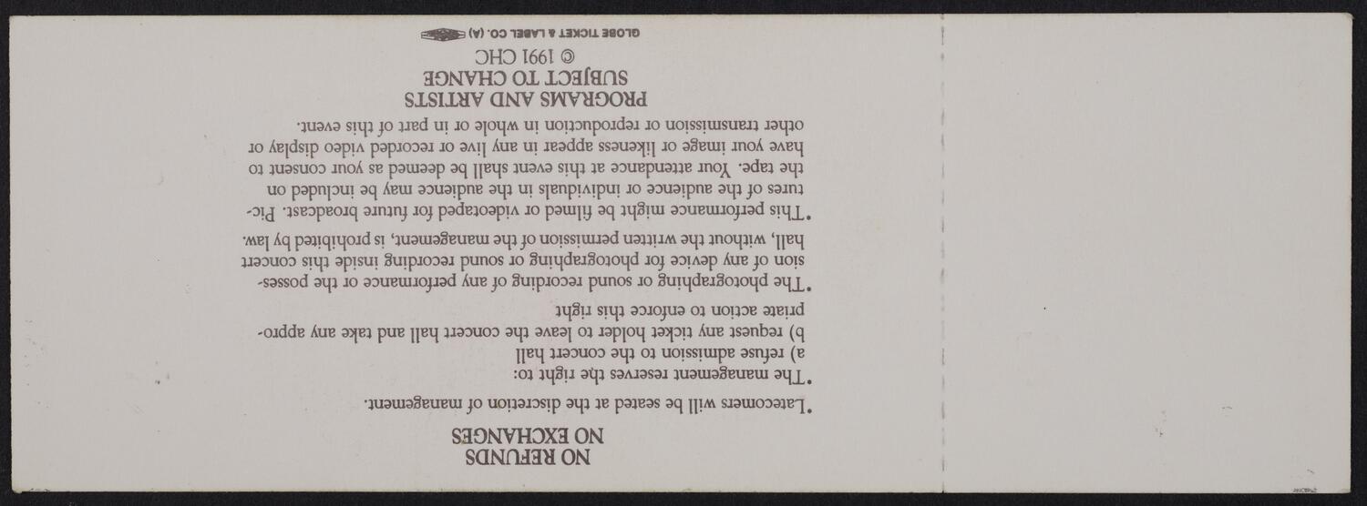 Ticket for the Carnegie Hall Centennial Gala, May 5, 1991 (back)