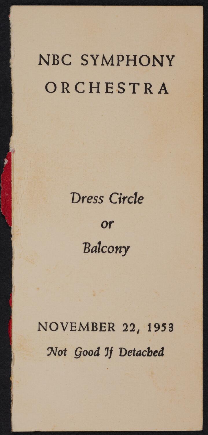 Ticket for NBC Symphony Orchestra, November 22, 1953 (front)