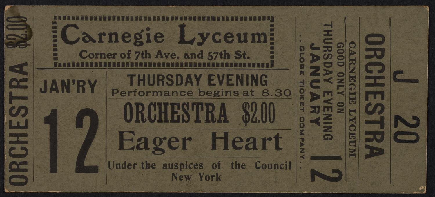 Ticket for Alice Buckton's "Eager Heart," January 12, 1911 (front)