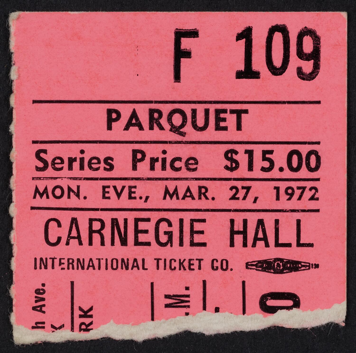 Ticket for Handel Society of New York, March 27, 1972 (front)