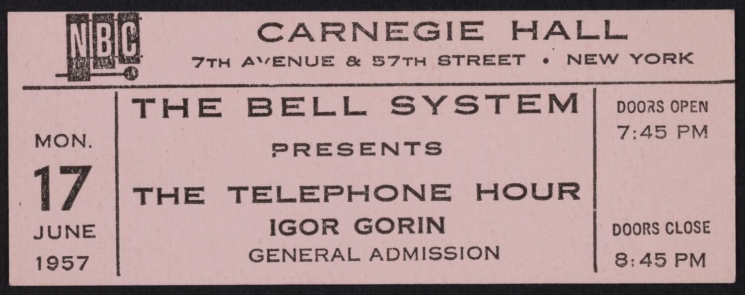 Ticket for the Bell Telephone Hour, June 17, 1957 (front)