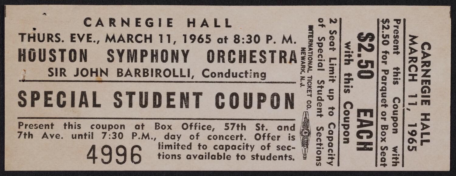 Ticket for Houston Symphony Orchestra, March 11, 1965 (front)