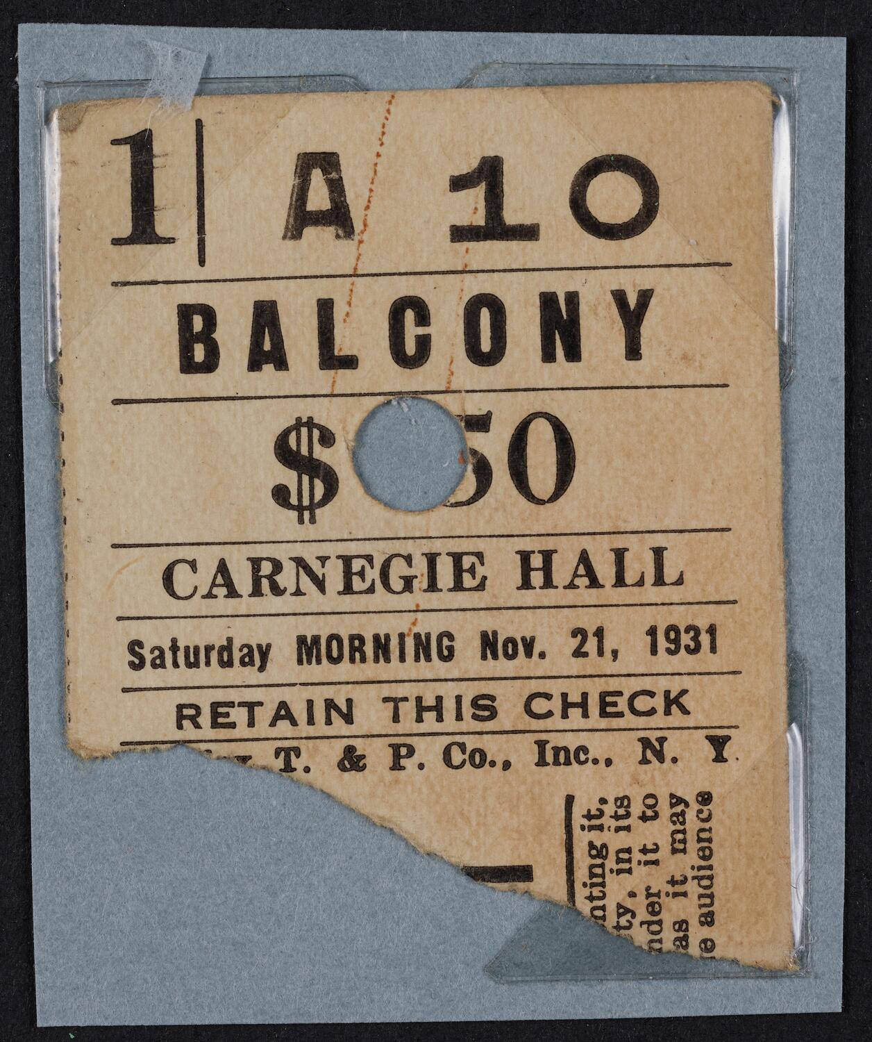 Ticket for New York Philharmonic Students' Concert, November 21, 1931 (front)