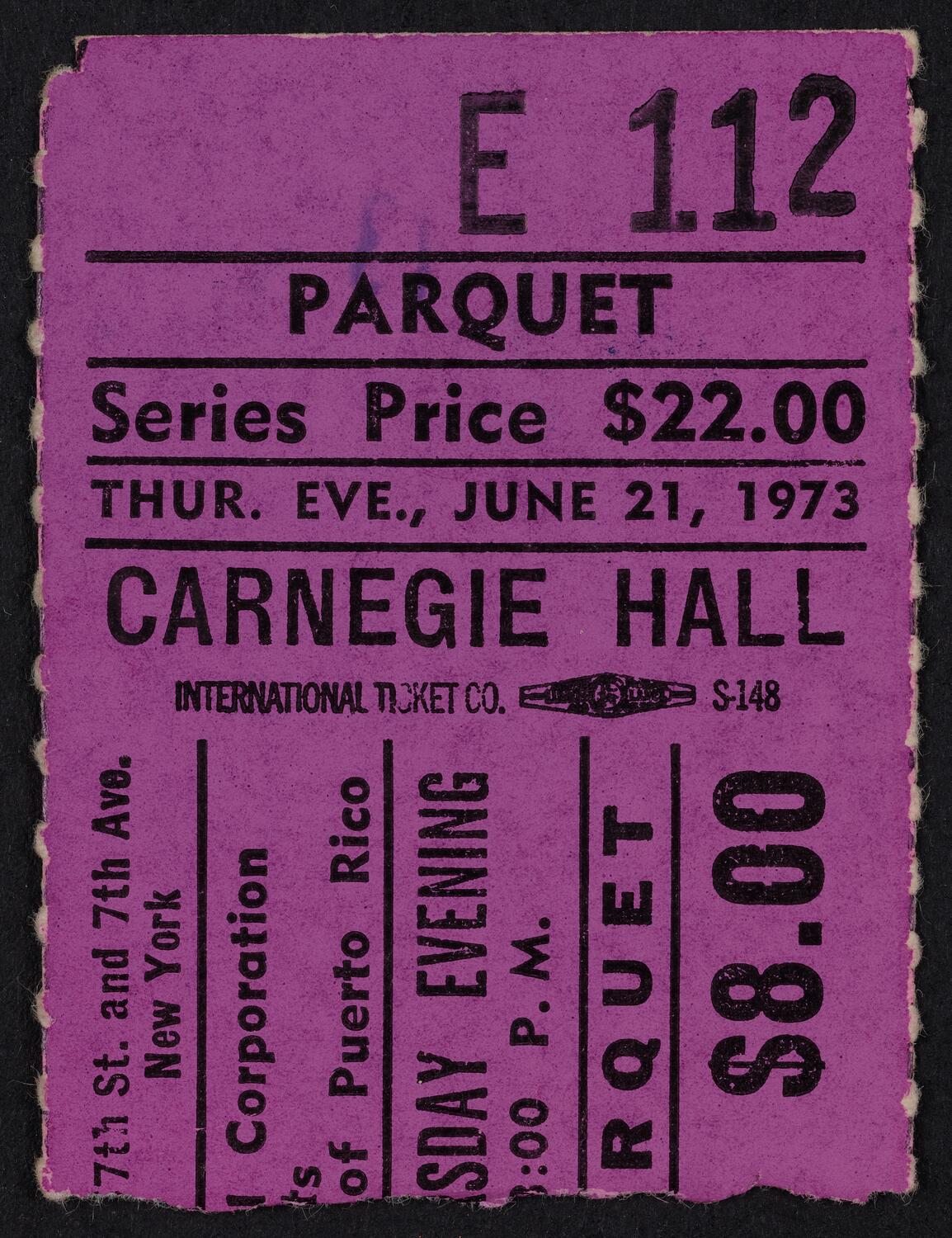 Ticket for Festival Casals of Puerto Rico, June 21, 1973 (front)